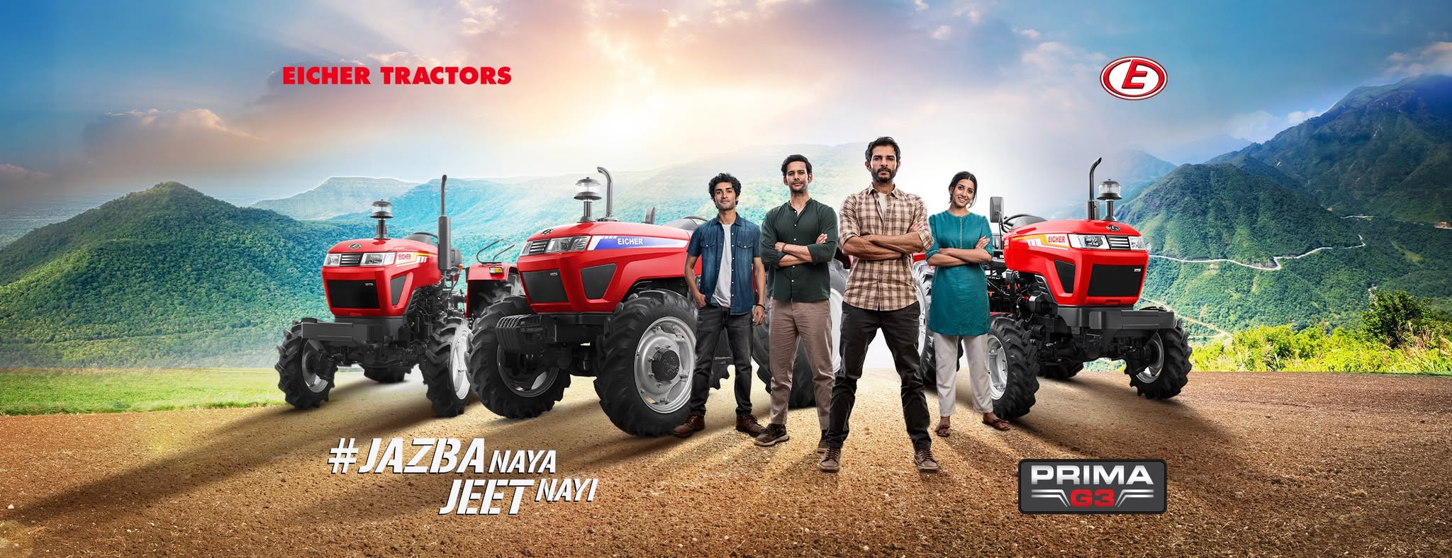 Eicher PRIMA G3 tractors on a hill road — the #JazbaNayaJeetNayi campaign, available at Align Agrotech